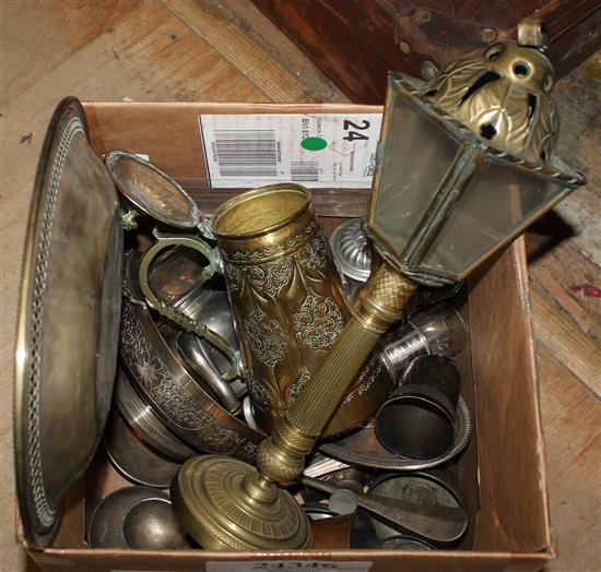 Mixed silver plate, brass lamp etc